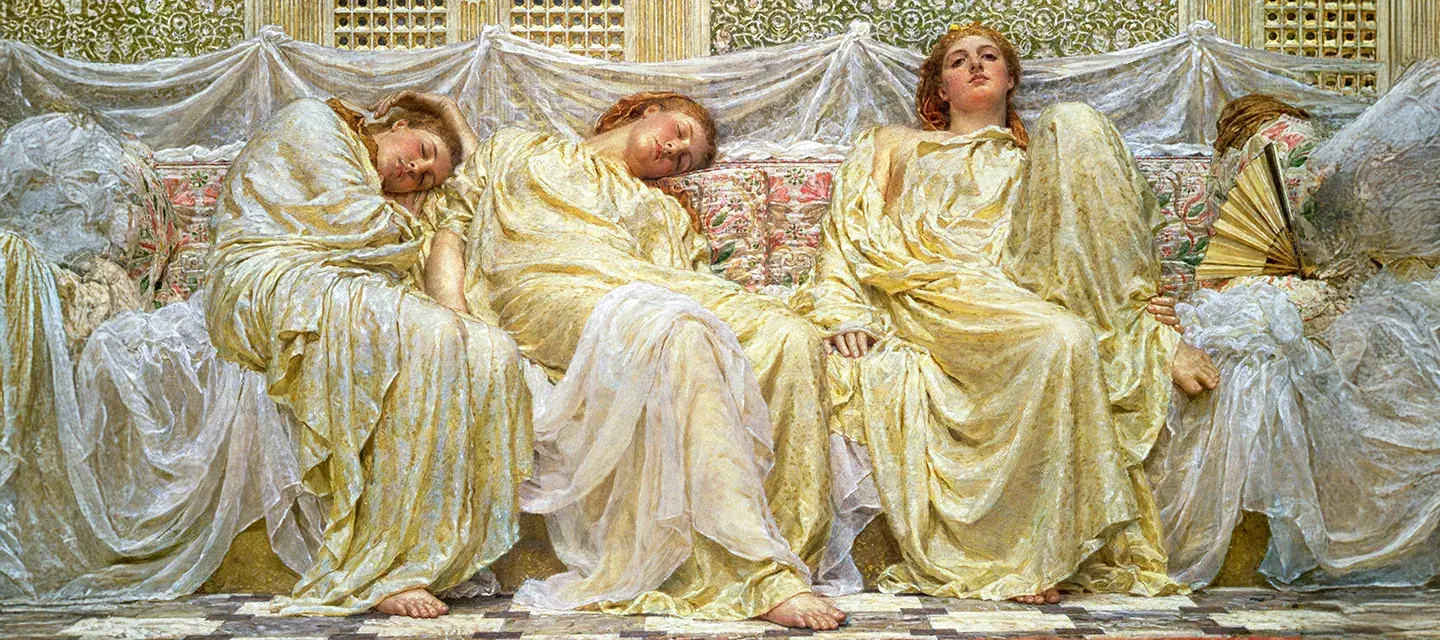 An old painting of three women, two sleeping, one awake and looking at us